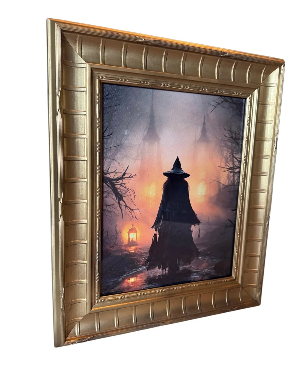 Framed Witch Silhouette Wall Canvas Art in Heavy Gold Wooden Frame 20”x17”